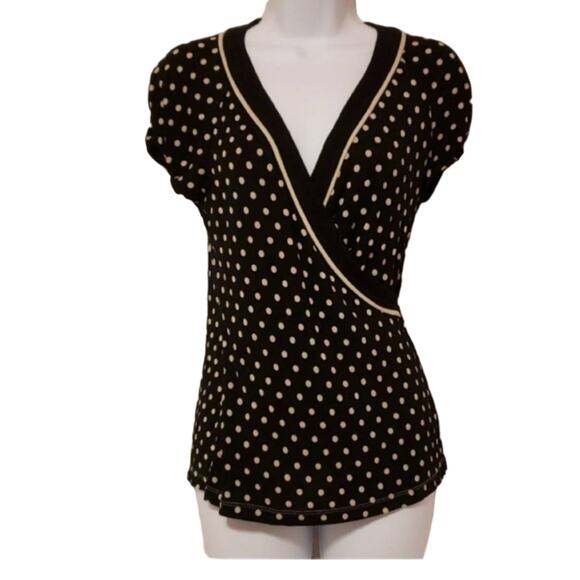 BCBG MAXAZRIA Black &White Polka Dot Wrap Short Sleeve Top Size Small - Picture 1 of 5